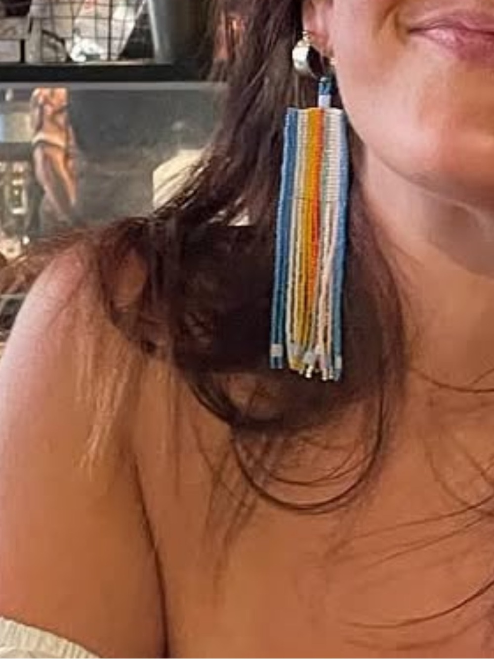 Handmade Blue Multi-Color Seed Bead Fringe Earrings